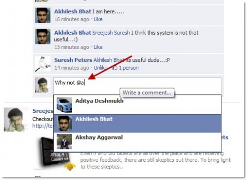 Facebook comment tagging feature
